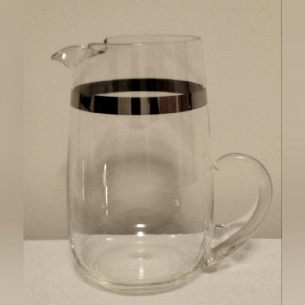 Vtg 60s Large Ice Lipped Glass Pitcher, Silver Banded with Handle
